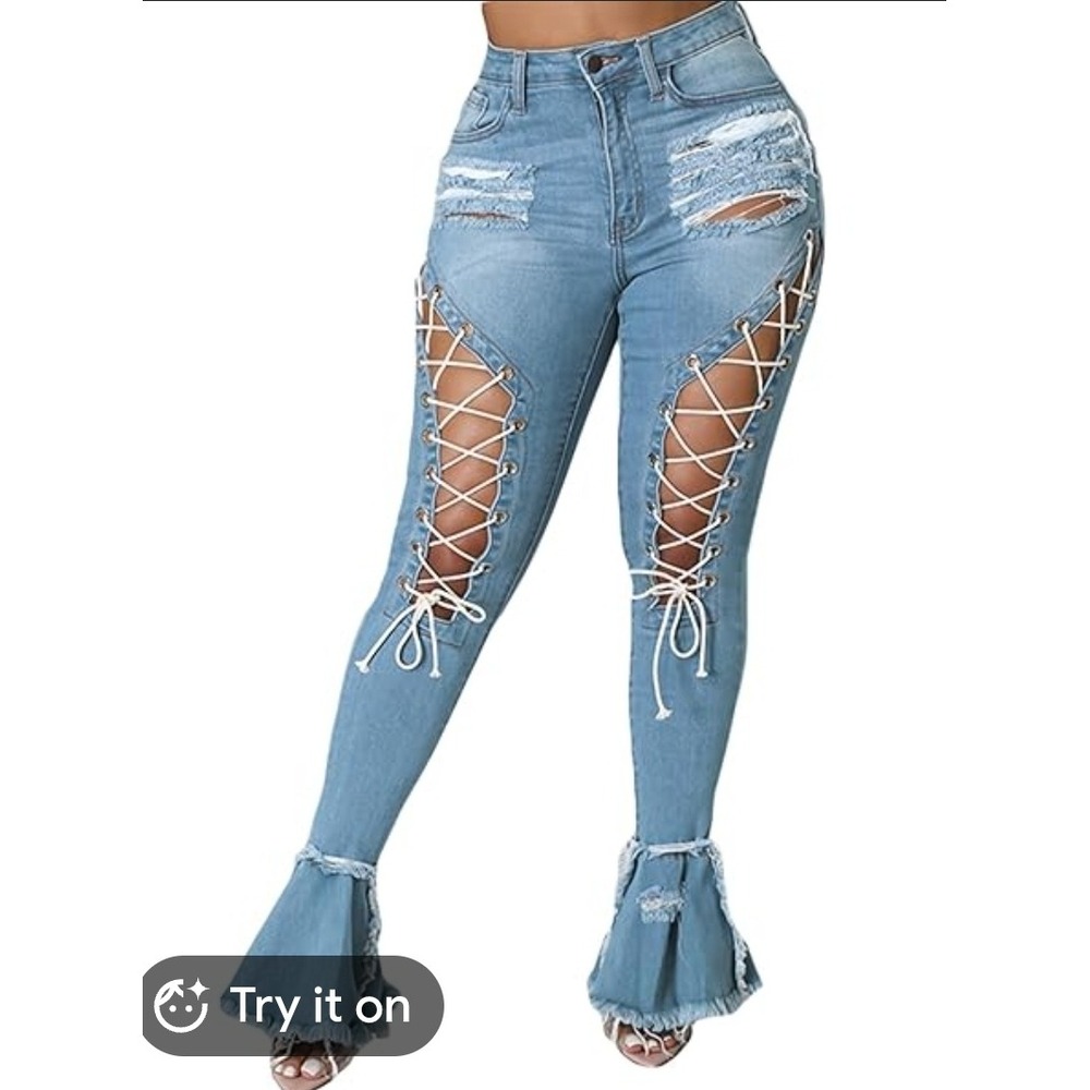 Y2K Festival Rocker Chic Flare‎ Lace Up Jeans Corset Leg Bohemian 36x32 Size XL